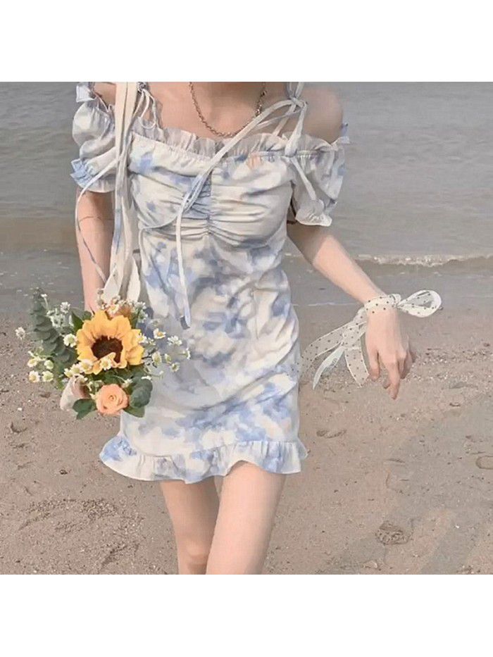 Matsumoto mourning  summer dress new women's dress pure desire holiday dress one line collar butterfly tie dyed dress 