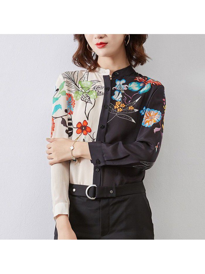  spring and winter new silk top women's printing mulberry silk fashion long sleeve shirt retro stand collar contrast shirt 