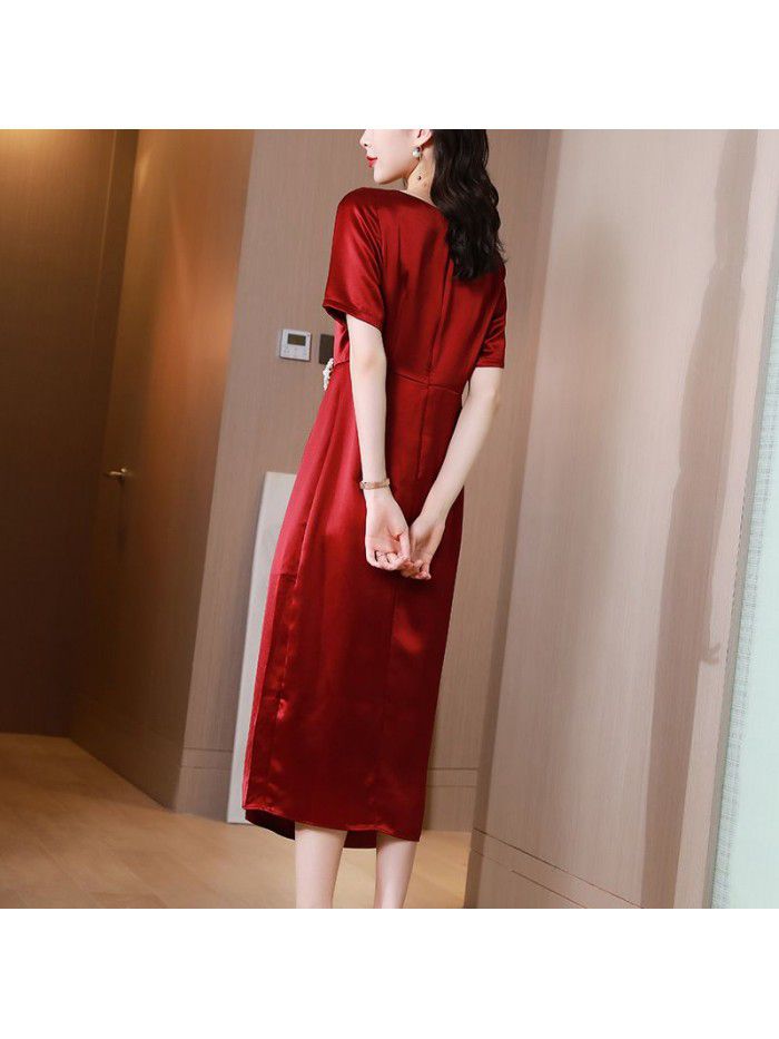 Acetic acid satin dress women's summer  women's new high end celebrity temperament red dress long skirt 
