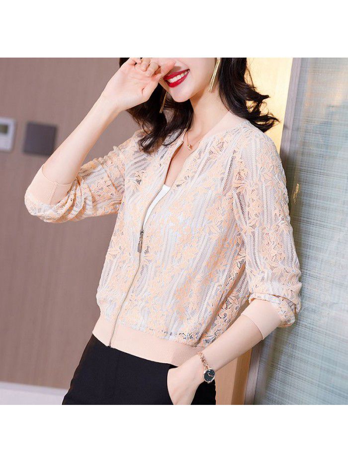 early spring new jacket stand collar long sleeve bright silk hollow lace shirt embroidery blouse cardigan Baseball Jacket 