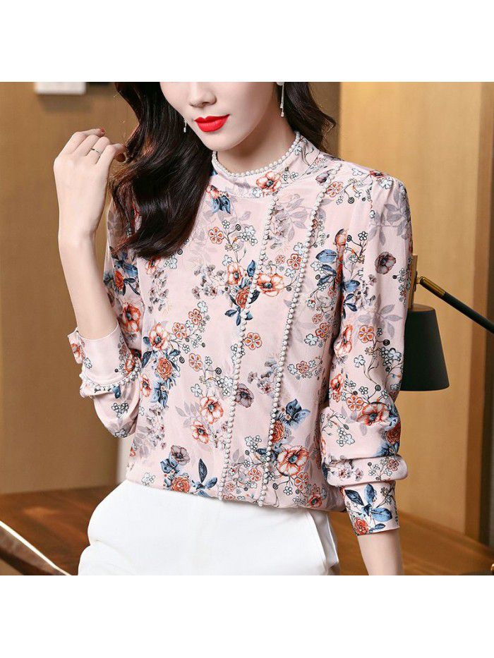 Heavyweight silk shirt women's  spring dress new fashion French niche long sleeve print temperament mulberry silk top 
