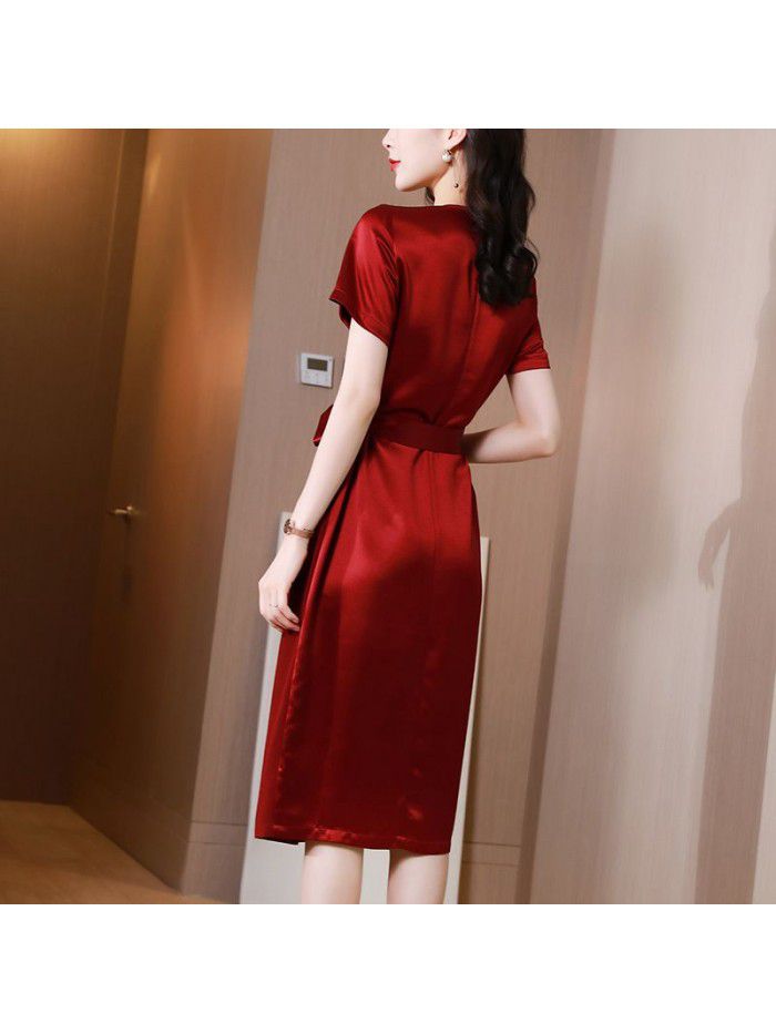 Triacetic acid satin dress women's summer  new V-neck waist lace up goddess temperament medium length skirt 