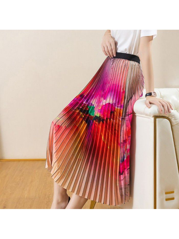 Beach Swing Skirt  summer new abstract pattern high waist drape pleated medium length skirt 