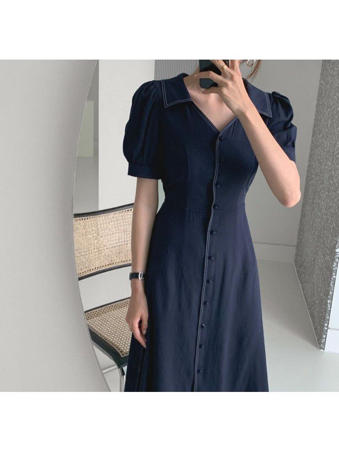 The design of Hepburn French bubble sleeve single breasted casual dress for women in  summer 