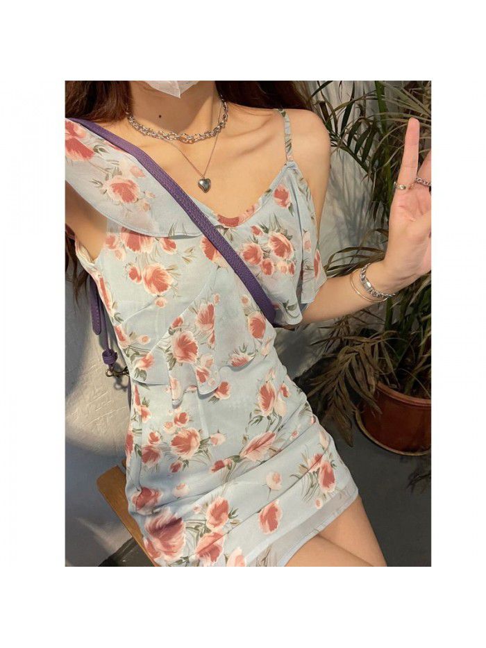 "Elderberry and tulip" long and short 2-color asymmetric small flying sleeve Floral Dress