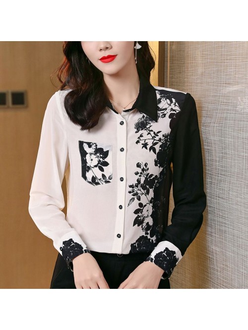 Contrast printed silk shirt NEW Loose and slim lon...