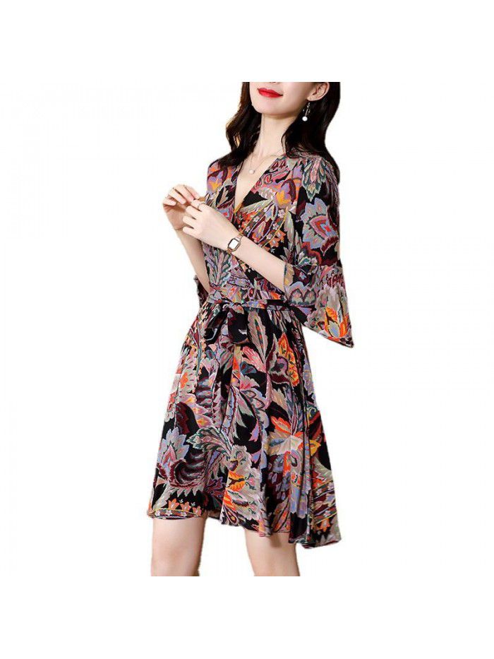 Silk print dress women's  summer new elegant temperament mulberry silk medium length waist A-line skirt 