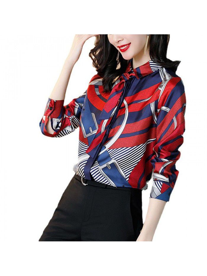 spring new Silk Long Sleeve Shirt women's shirt printed Lapel loose silk women's shirt 
