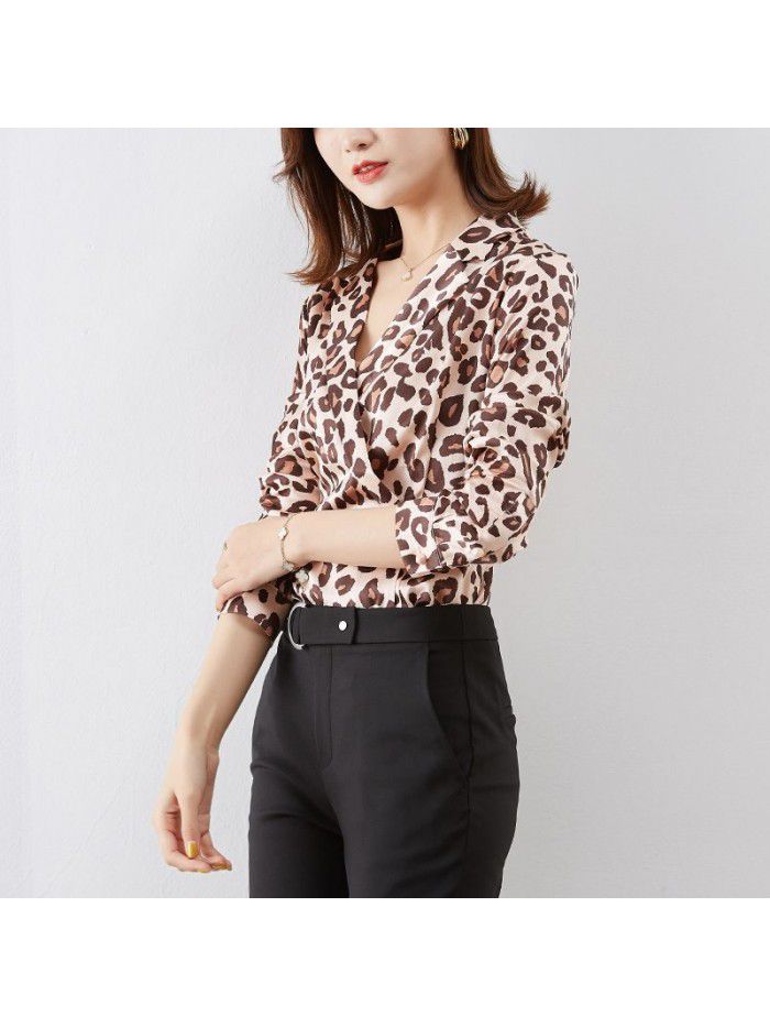 Leopard print silk shirt  spring women's new simple casual Satin shirt silk top 
