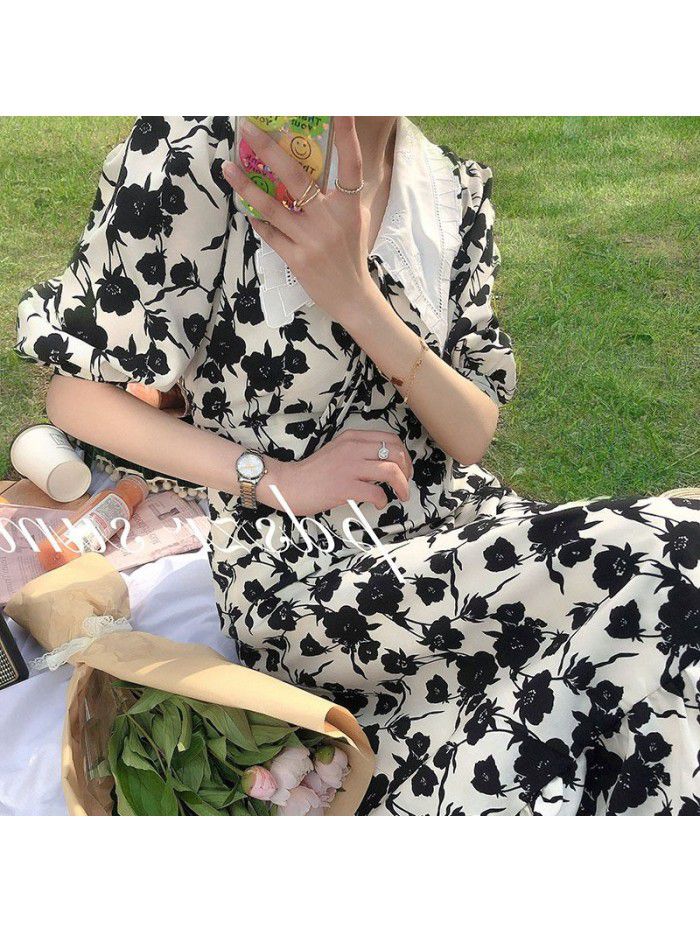  French retro floral dress women's summer temperament short waist slim long skirt A-line skirt fashion 