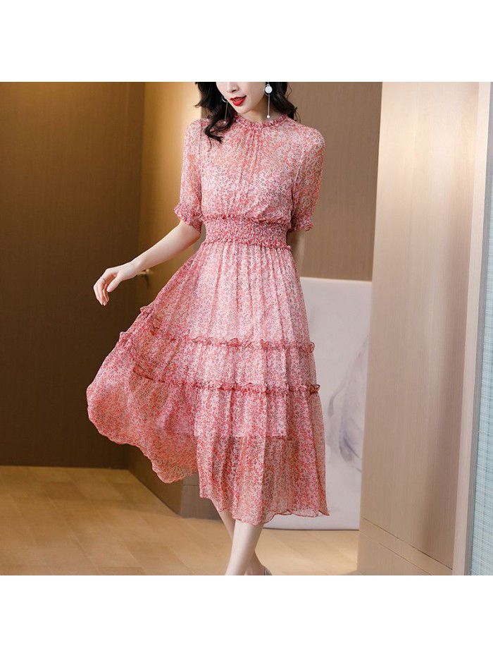 Floral silk dress for women's  summer new style slim waist silk French skirt 