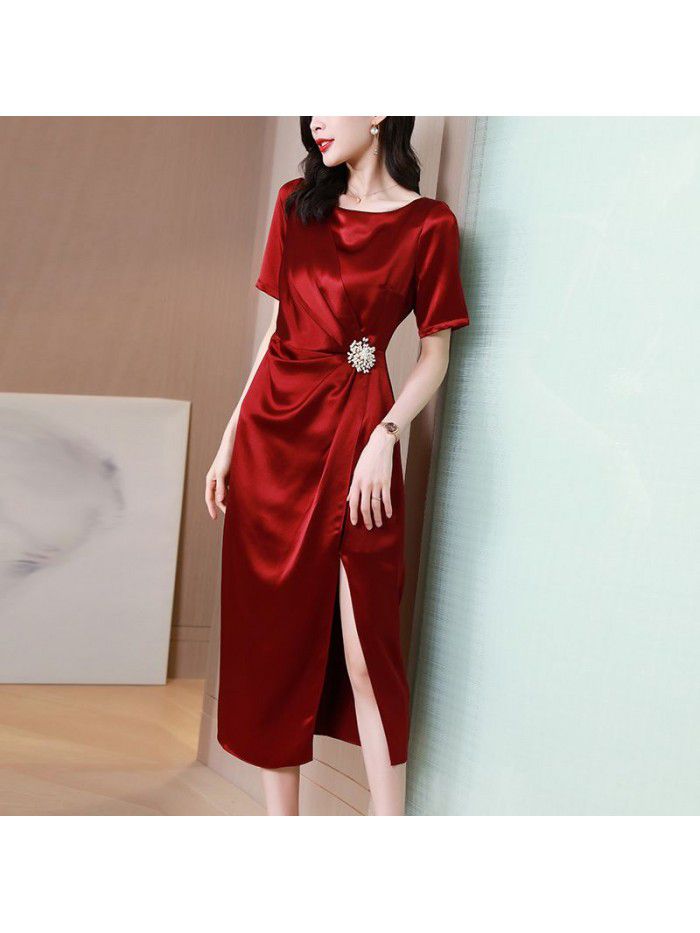 Acetic acid satin dress women's summer  women's new high end celebrity temperament red dress long skirt 