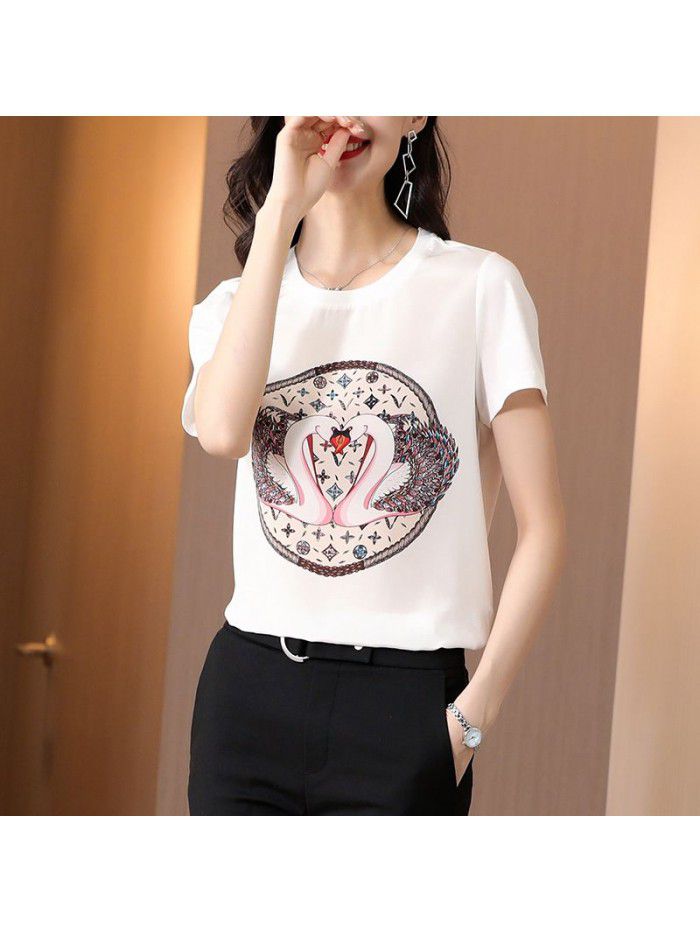 European Printed White Short Sleeve Silk T-shirt women's  summer dress new temperament round neck design silk top 