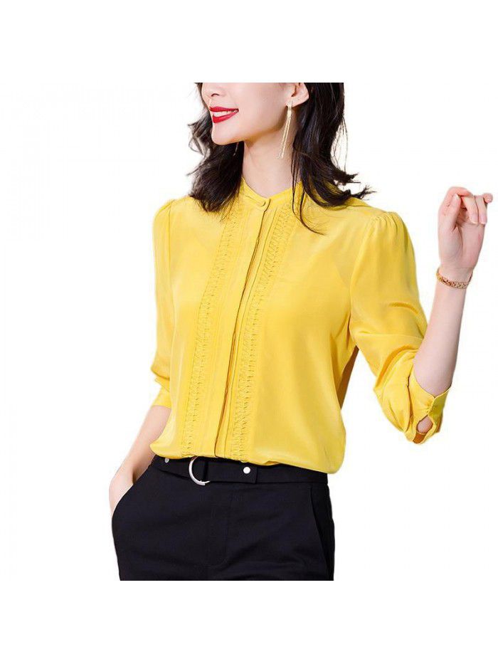 Heavyweight silk shirt women's long sleeve  spring dress new style shirt retro stand collar pure mulberry silk top female 