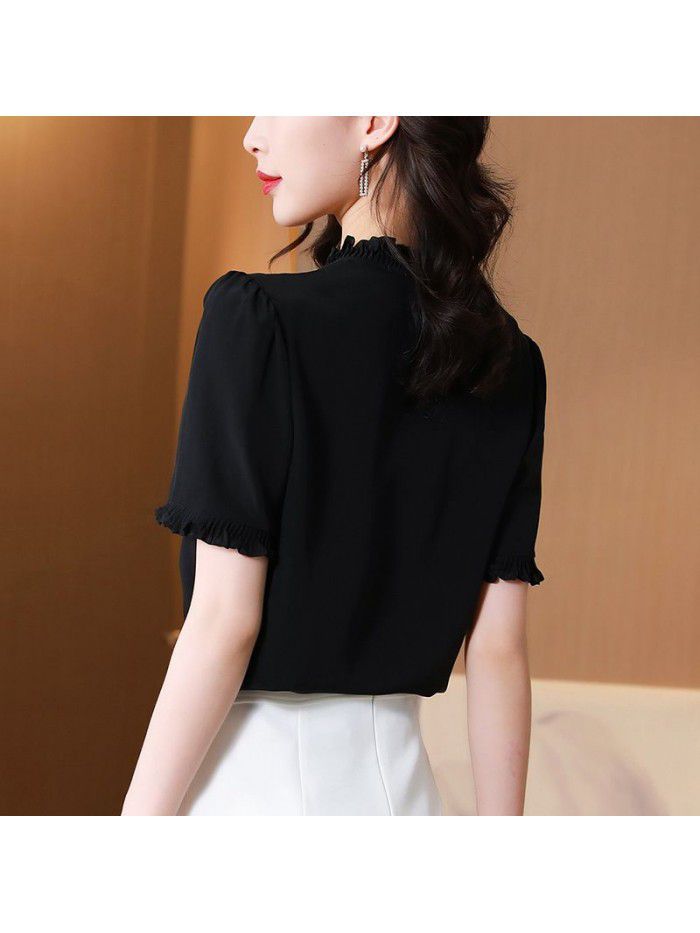 Heavyweight hollow out silk shirt women's  summer new solid color short sleeve shirt temperament half sleeve mulberry silk shirt 