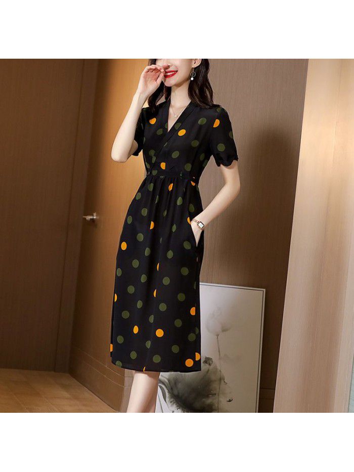 European and American silk dress  summer new V-neck slim mulberry silk dress 