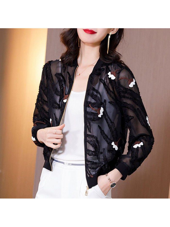 Black Jacket Women's long sleeve  spring new flocked loose jacket sexy top sunscreen jacket baseball suit 