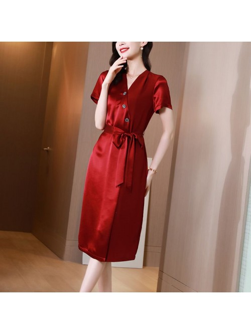 Triacetic acid satin dress women's summer  ne...