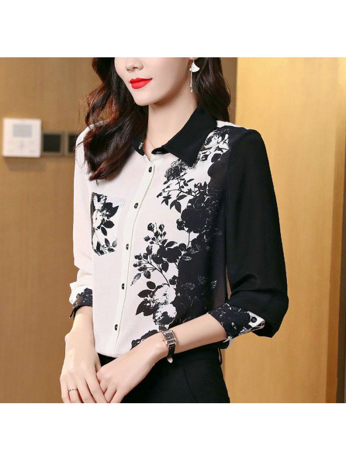 Contrast printed silk shirt NEW Loose and slim long sleeve shirt for women  spring and summer 