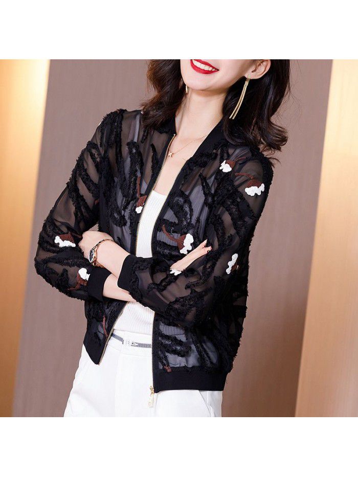 Black Jacket Women's long sleeve  spring new flocked loose jacket sexy top sunscreen jacket baseball suit 