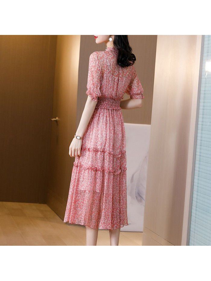 Floral silk dress for women's  summer new style slim waist silk French skirt 