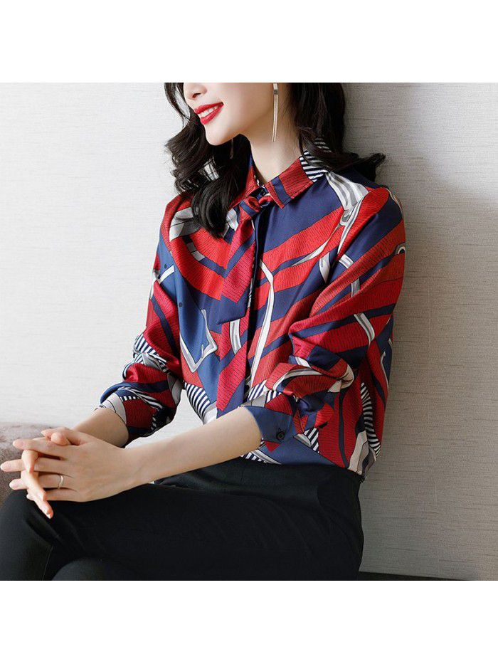  spring new Silk Long Sleeve Shirt women's shirt printed Lapel loose silk women's shirt 