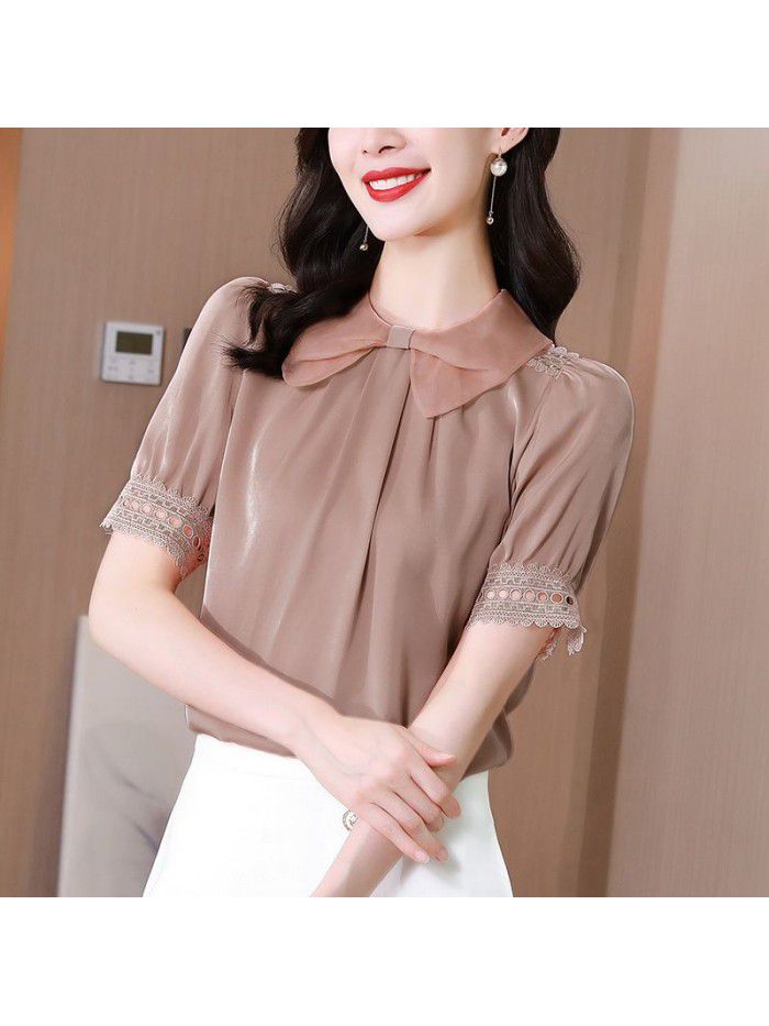 Dark pink silk top short sleeve Organza baby collar  new summer fashion aging mulberry silk shirt 