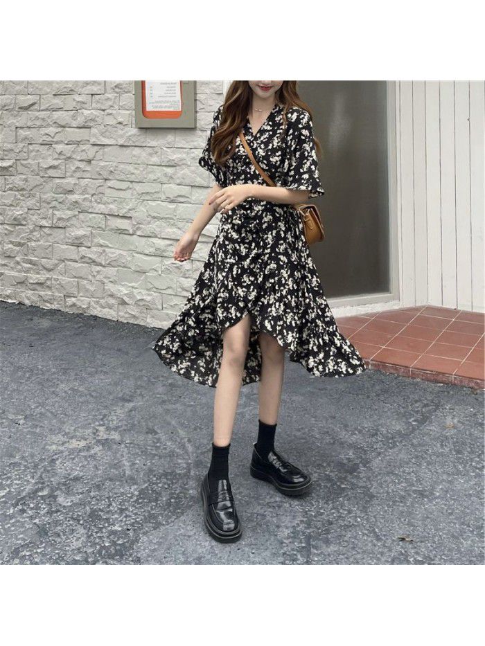 Floral Dress Medium Length women's  new summer waist slim design irregular short sleeve skirt 