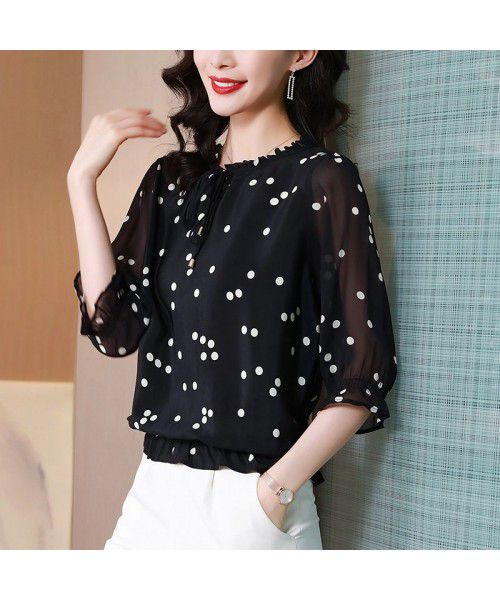 Black Polka Dot silk shirt for women  new spring a...