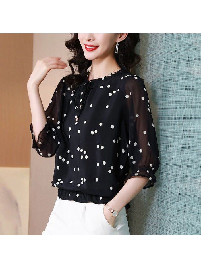 Black Polka Dot silk shirt for women  new spring and summer fashion slim mulberry silk top small shirt large women's dress 