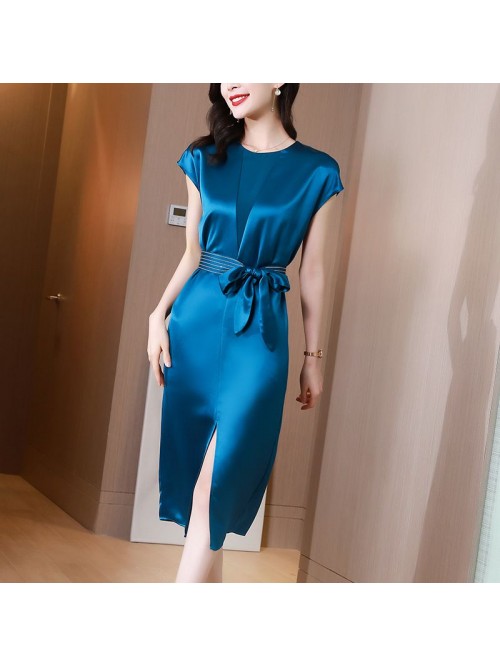Blue triacetic acid satin dress women's summe...