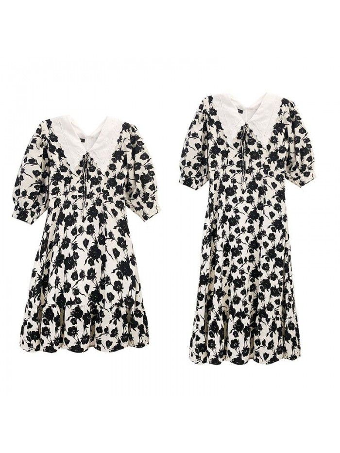  French retro floral dress women's summer temperament short waist slim long skirt A-line skirt fashion 