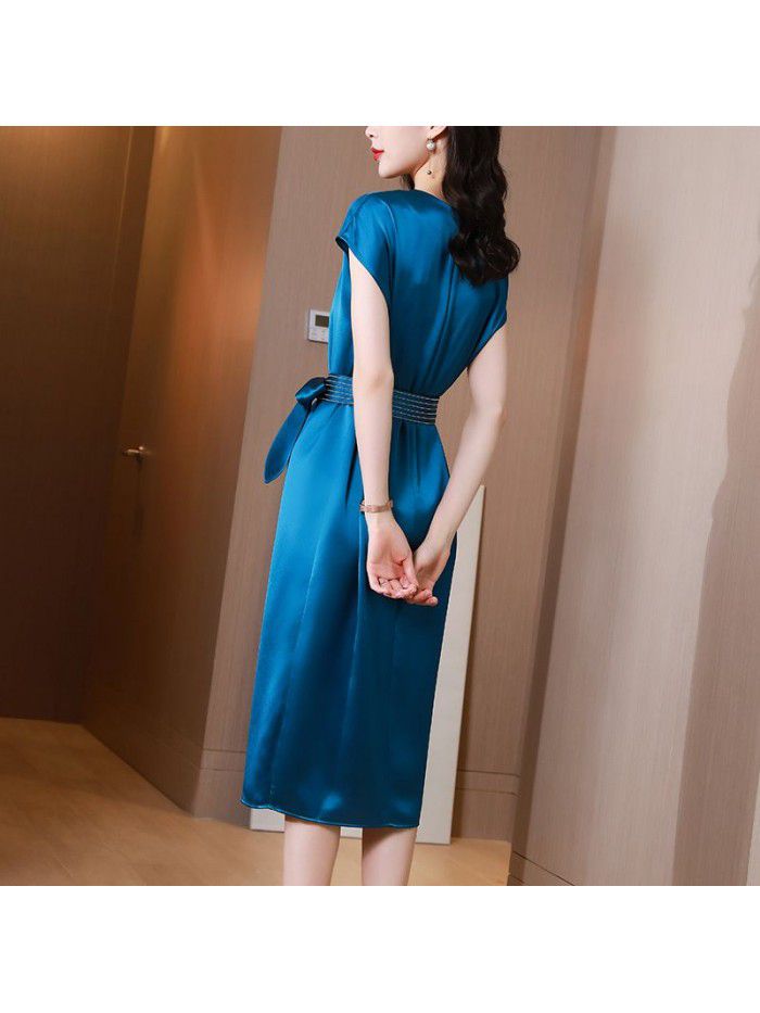 Blue triacetic acid satin dress women's summer dress new French temperament waist light luxury fashion split one step skirt 
