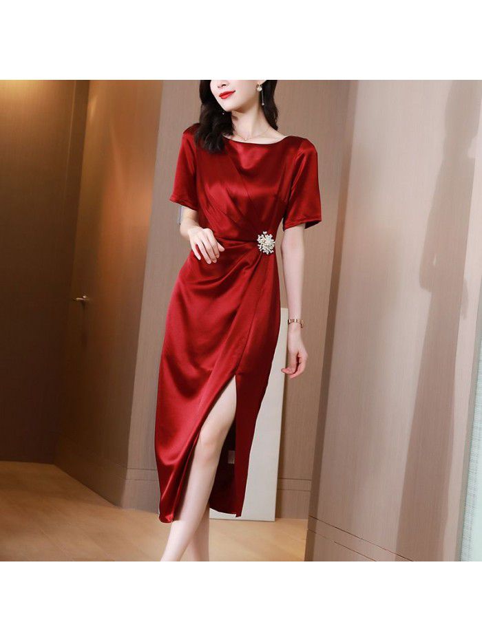 Acetic acid satin dress women's summer  women's new high end celebrity temperament red dress long skirt 