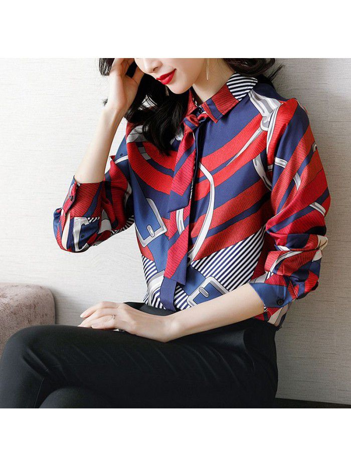 spring new Silk Long Sleeve Shirt women's shirt printed Lapel loose silk women's shirt 