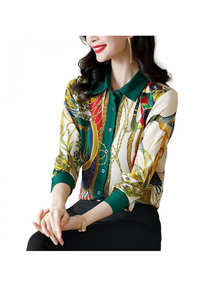 Design sense small group mulberry silk shirt Lapel silk printed shirt long sleeve  spring new women's fashion 
