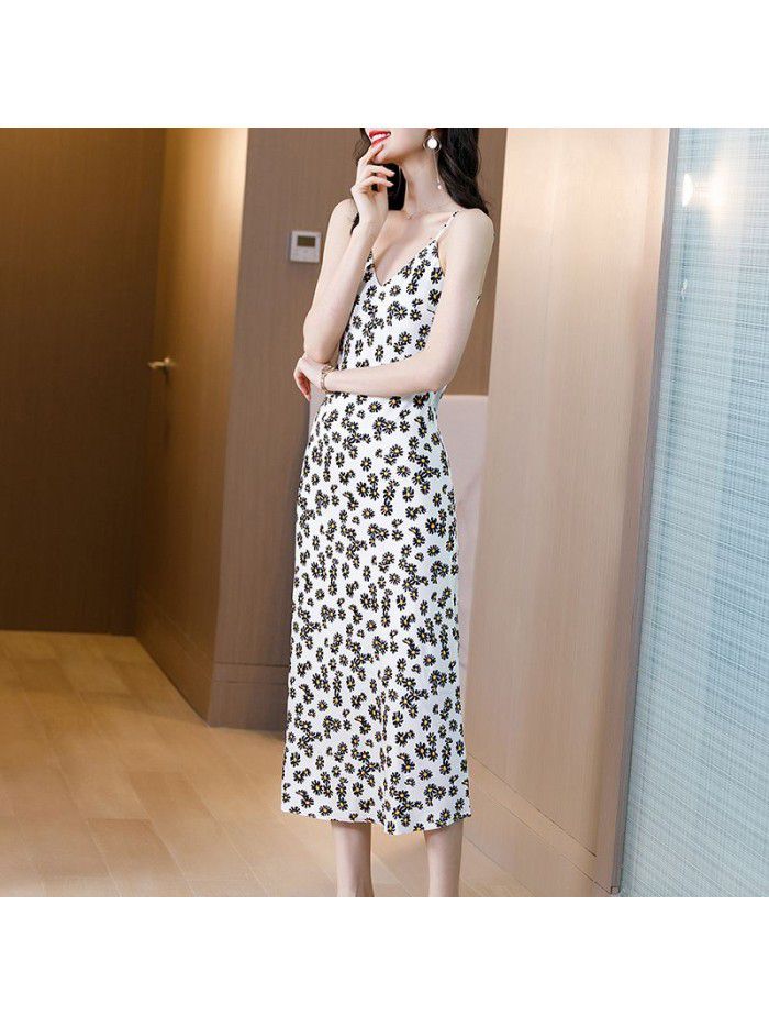 Suspender vest women's silk satin floral dress summer  new women's silk A-line skirt 