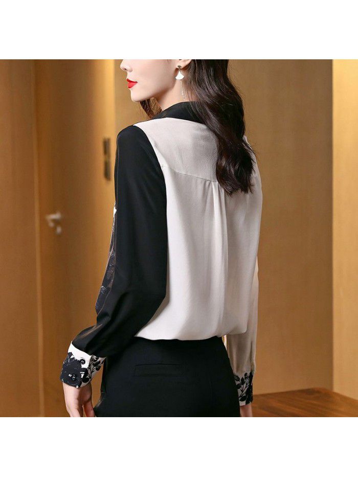 Contrast printed silk shirt NEW Loose and slim long sleeve shirt for women  spring and summer 