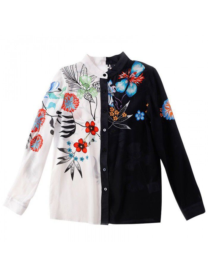  spring and winter new silk top women's printing mulberry silk fashion long sleeve shirt retro stand collar contrast shirt 