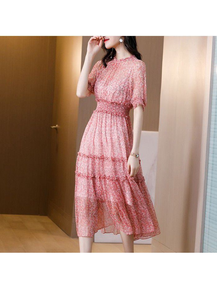 Floral silk dress for women's  summer new style slim waist silk French skirt 