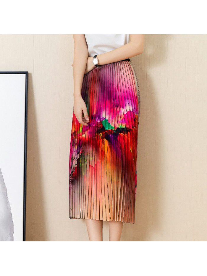 Beach Swing Skirt  summer new abstract pattern high waist drape pleated medium length skirt 