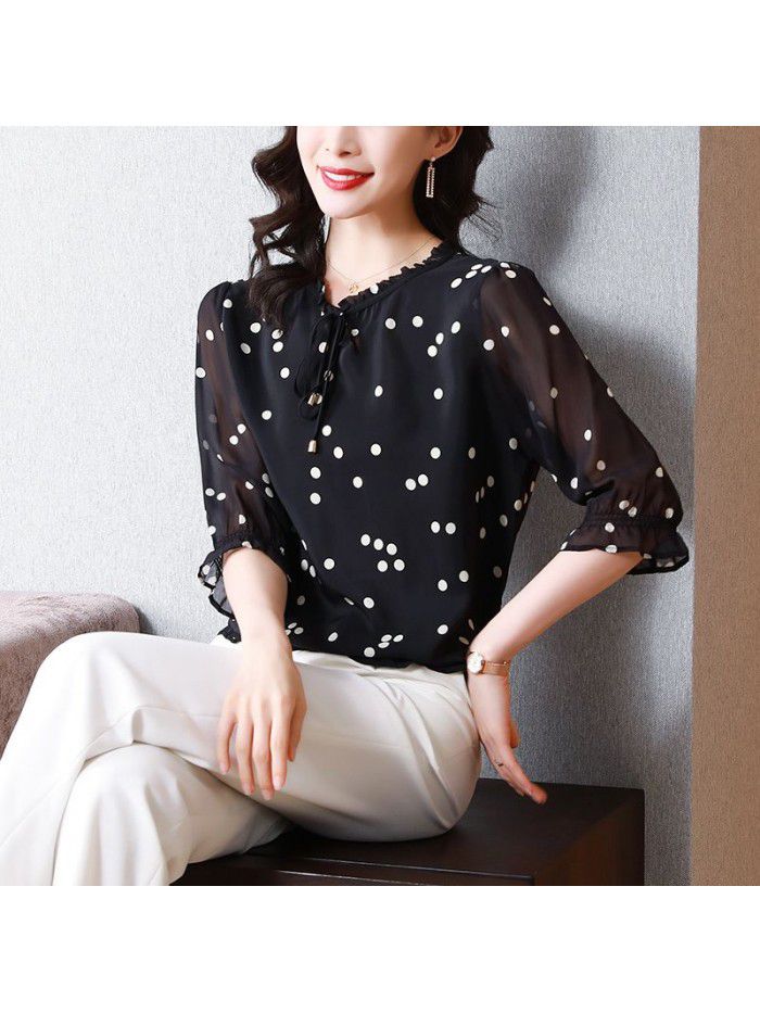 Black Polka Dot silk shirt for women  new spring and summer fashion slim mulberry silk top small shirt large women's dress 