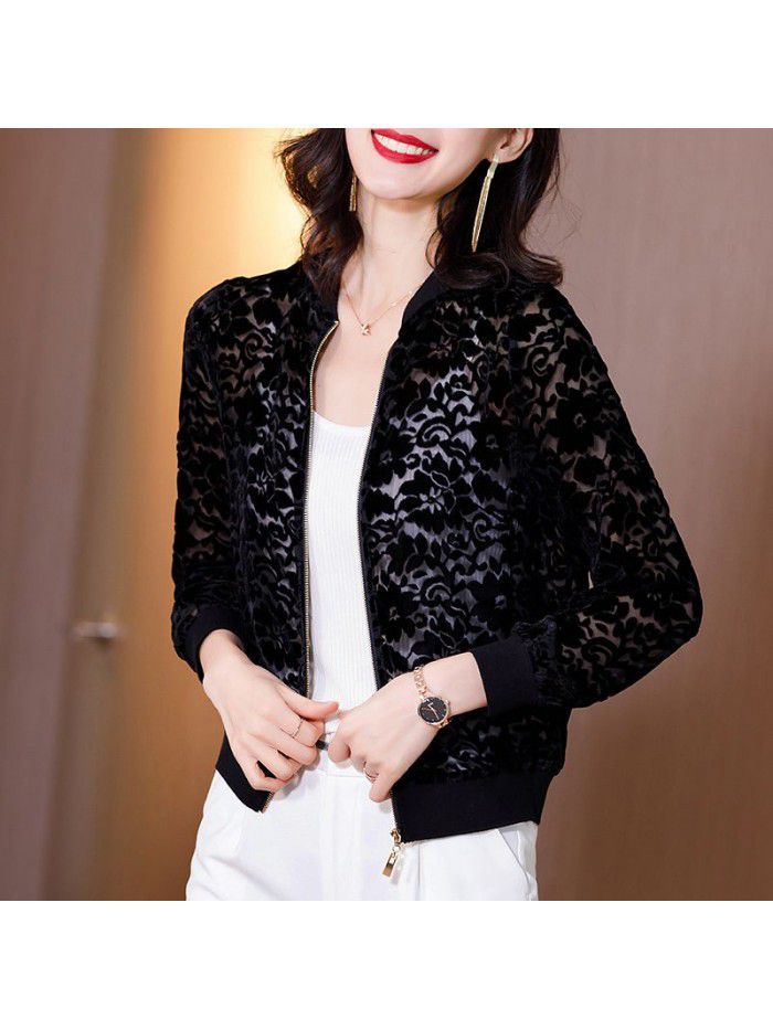 Black velvet jacket women's  spring new casual and versatile solid color top loose long sleeve Baseball Jacket 