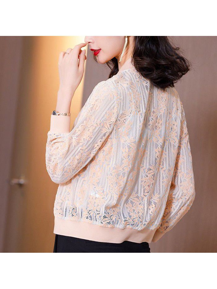early spring new jacket stand collar long sleeve bright silk hollow lace shirt embroidery blouse cardigan Baseball Jacket 