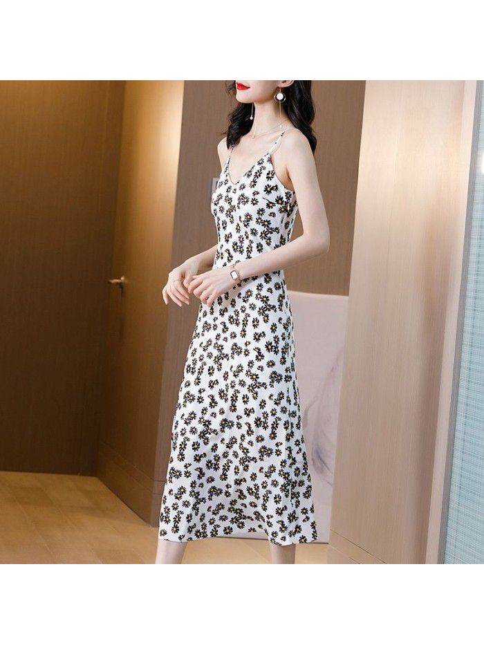 Suspender vest women's silk satin floral dress summer  new women's silk A-line skirt 