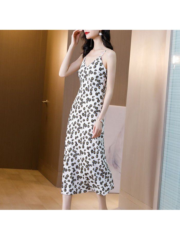 Suspender vest women's silk satin floral dress summer  new women's silk A-line skirt 