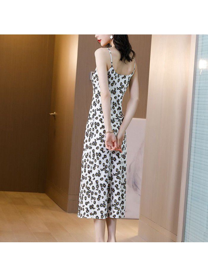 Suspender vest women's silk satin floral dress summer  new women's silk A-line skirt 