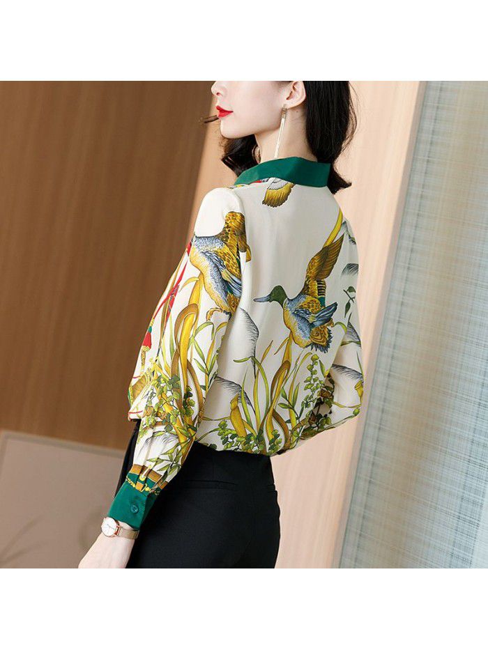 Design sense small group mulberry silk shirt Lapel silk printed shirt long sleeve  spring new women's fashion 