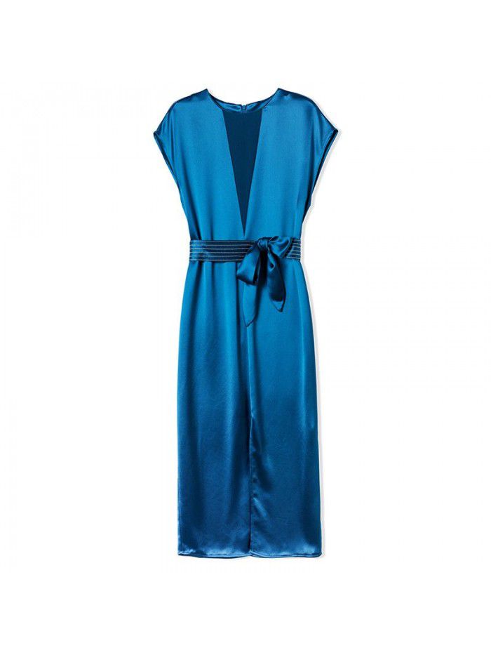 Blue triacetic acid satin dress women's summer dress new French temperament waist light luxury fashion split one step skirt 