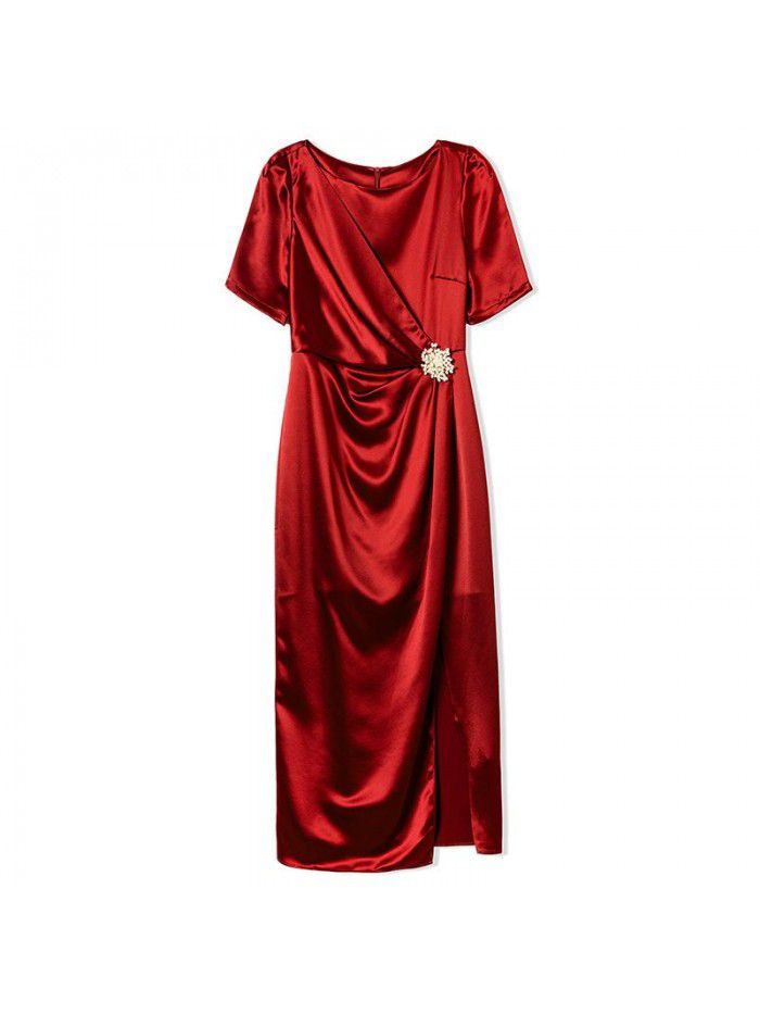 Acetic acid satin dress women's summer  women's new high end celebrity temperament red dress long skirt 